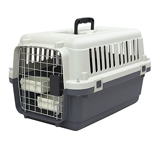 SportPet Airline Compliant SMALL 24" Travel Dog Kennel - Durable Plastic Airline Pet Carrier (No Wheels) & Food Bowls, Collapsible Indoor/Outdoor Dog Kennel, Dogs up to 21"L & 13"H - Cream/Gray - color: Cream/Gray, size: 24.0"L x 16.0"W x 15.5"H