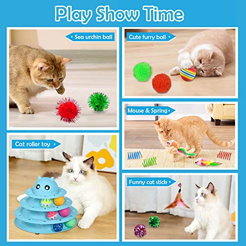 UPSKY 20 PCS Cat Toys - 3-Level Turntable Roller with Balls for Indoor Cats, Kitten Set with Teaser, Mice, Spring, and Various Ball Toys - color: B-20PCS-Blue