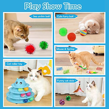 UPSKY 20 PCS Cat Toys - 3-Level Turntable Roller with Balls for Indoor Cats, Kitten Set with Teaser, Mice, Spring, and Various Ball Toys - color: B-20PCS-Blue