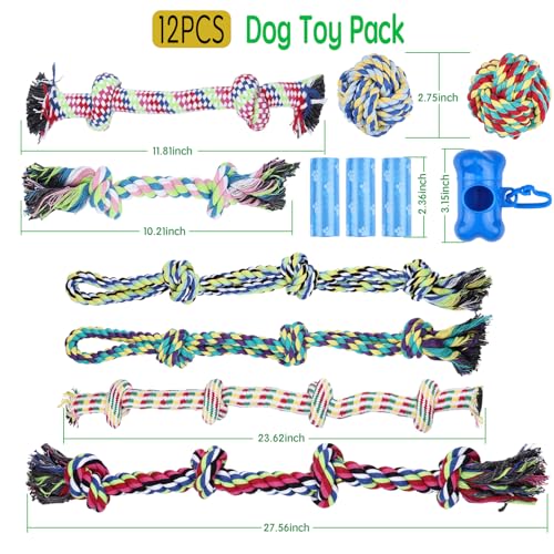 12 Pack Dogs Rope Toys for Large/Medium/Small Aggressive Chewers, Tough Cotton Dental Rope Toys Kit, Heavy Duty Dog Tug of War Toy for Chewing, Playing, Teething, Teeth Cleaning, Tossing and Catching - size: 12pc