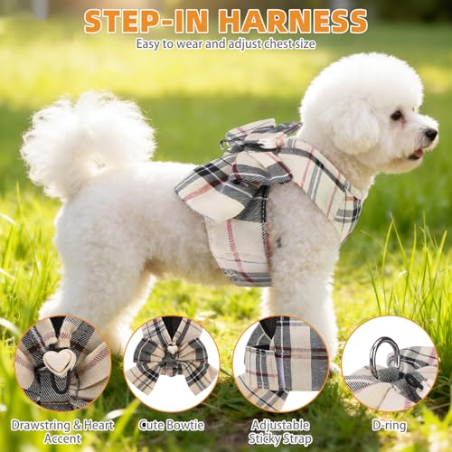 KOOLTAIL Small Dog Harness and Leash Set, Cute Puppy Vest Harnesses with Bowtie, Step in No Pull Soft Mesh Padded Adjustable Plaid Pet Harness for Extra-Samll Medium Dogs Cats, Boy Girl, XS-M, Beige S - color: Beige, size: S (Chest Girth: 13.5"-14.8")