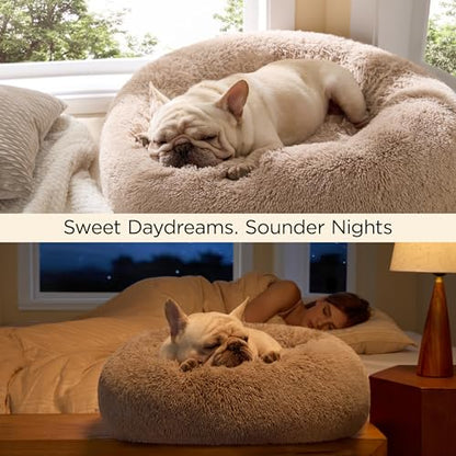 Bedsure Calming Dog Bed for Small Dogs - Donut Washable Small Puppy Bed, 23 inches Anti-Slip Round Fluffy Plush Faux Fur Large Cat Bed, Fits up to 25 lbs Pets, Camel - color: Camel, size: 23"L x 23"W x 8"Th