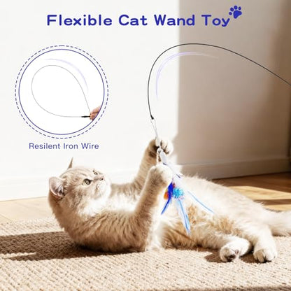 Pawaboo Feather Teaser Cat Toy, Interactive Feather Wand Cats Toy Flying Feathers Cat Catcher with Extra Long 34.5" Wand and Small Bell, Exerciser Playing Toys for Kitten or Cats, Blue - color: Blue