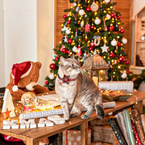 Vellibring 3 Pack Cat Collars, Christmas Flower Kitten Collars with Adjustable Breakaway Bow Tie Bell Plaid Snowflake Xmas Pet Supplies for Cats
