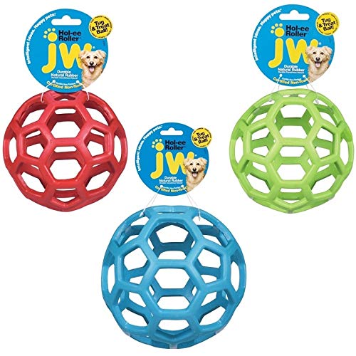 JW Pet Hol-ee Roller Dog Toy Puzzle Ball, Natural Rubber, Small (3 Inch Diameter), Colors May Vary - size: Small