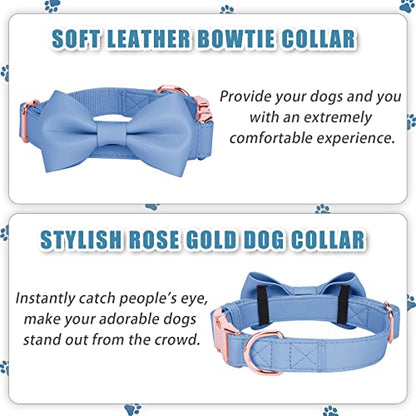 Soft Leather Bowtie Dog Collar - Adjustable Cute Bow Tie Collar [Easy to Clean] with Stylish Rose Gold Heavy Duty Metal Buckle for Small Medium Large Dogs Blue M - color: Blue, size: M(13.8"-19.7")