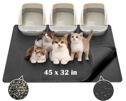 Cat Litter Mat - Extra Large XL 45"x32" Cat Litter Trapping Mat,Honeycomb Double Layer Traps Litter,Washable & Urine Proof,Non-Toxic,Soft EVA Litter Box Mat for Multi-Cat Homes(Black) - color: Black