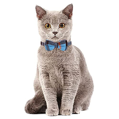 Faleela 2 Pack/Set Cat Collar with Cute Bow Tie and Bell,Breakaway Plaid Shirt Collar for Kitty Adjustable Safety - color: 2023new-Blue