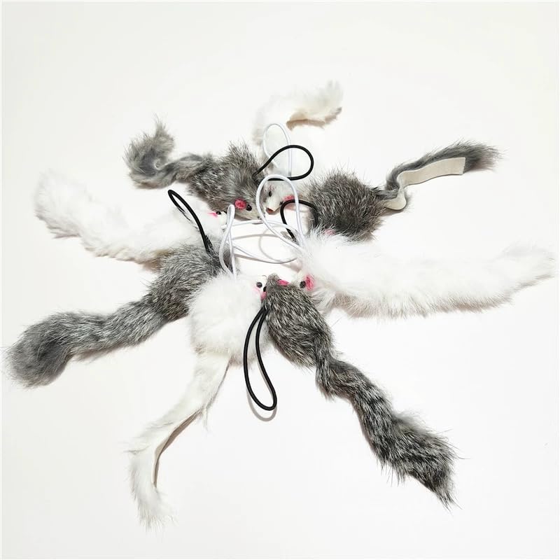 Real Rabbit Fur Mouse Cat Toy - 5 Pack with Crinkle Sound, Rattle & Rope, Extra-Wide Durable Tail, Interactive Hunting Toys for Indoor Cats (No Catnip) - color: White/Grey