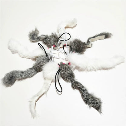 Real Rabbit Fur Mouse Cat Toy - 5 Pack with Crinkle Sound, Rattle & Rope, Extra-Wide Durable Tail, Interactive Hunting Toys for Indoor Cats (No Catnip) - color: White/Grey