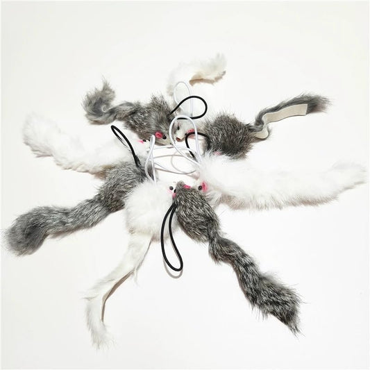 Real Rabbit Fur Mouse Cat Toy - 5 Pack with Crinkle Sound, Rattle & Rope, Extra-Wide Durable Tail, Interactive Hunting Toys for Indoor Cats (No Catnip) - color: White/Grey