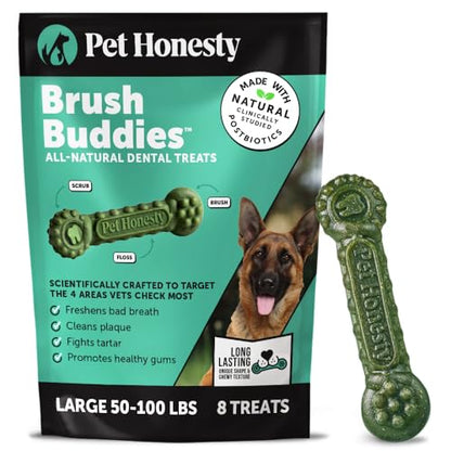 Pet Honesty Brush Buddies All Natural Dog Dental Treats for Dogs – Long Lasting Dental Sticks for Dogs, Teeth Cleaner, Breath Freshener, Plaque & Tartar Remover – Large Sized Dogs (8 Count) - size: Large Dog - 8 Count
