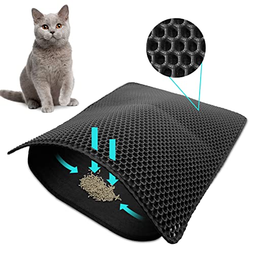 Cat Litter Mat 30x24 Inches, Honeycomb Double Layer Traps Litter & Waterproof Leatherette Bottom Prevents Urine Leaks, Durable & Easy Clean Pet Floor Protector for Cat Litter Box Area（Black） - color: Black（30x24 inch）