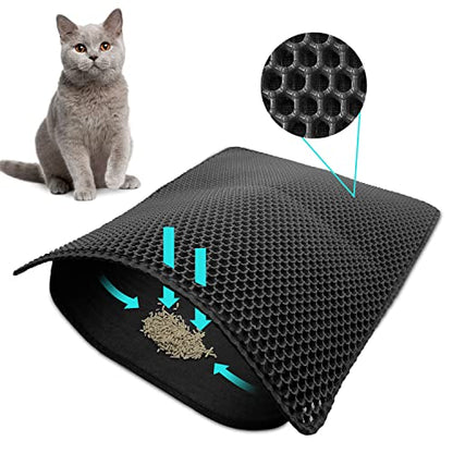 Cat Litter Mat 30x24 Inches, Honeycomb Double Layer Traps Litter & Waterproof Leatherette Bottom Prevents Urine Leaks, Durable & Easy Clean Pet Floor Protector for Cat Litter Box Area（Black） - color: Black（30x24 inch）