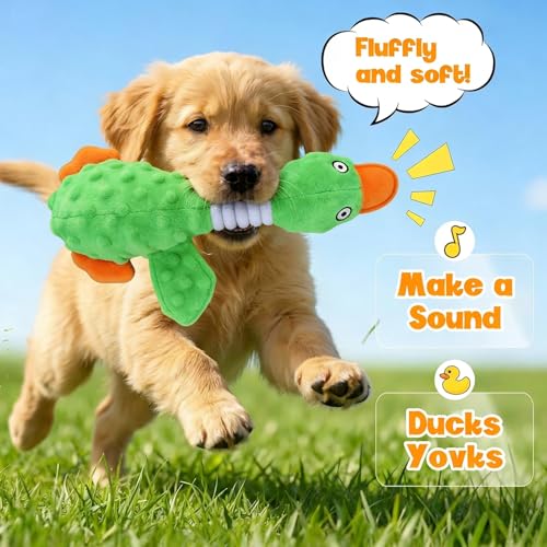 Squeaky Dog Toys for Aggressive Chewers, Durable Stuffed Animal Plush Dog Toy with Soft Fabric for Large, Medium & Small Dogs, Interactive Puppy Chew Toy for Teething, Crinkle Duck Dog Toy - Green - color: GREEN