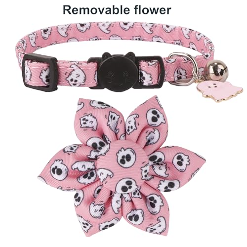 ADOGGYGO Halloween Cat Collar with Floral, 2 Pack Halloween Kitten Flower Collar, Pink Ghost Pumpkin Collars for Cats Kittens - color: Halloween