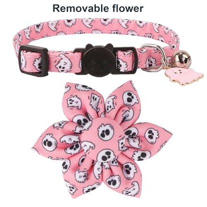 ADOGGYGO Halloween Cat Collar with Floral, 2 Pack Halloween Kitten Flower Collar, Pink Ghost Pumpkin Collars for Cats Kittens - color: Halloween