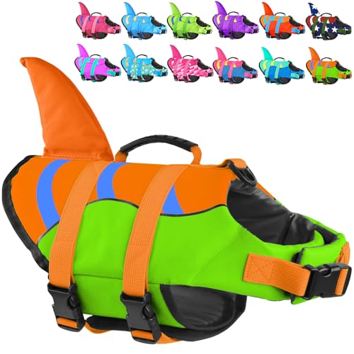 Shark Fin Dog Life Jacket High Buoyancy, Adjustable Dog Life Vest with Quick Release Buckles & Rescue Handle for Swimming Boating, Small Medium Large Dogs - color: Shark-Green+Orange, size: X-small