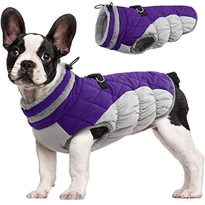 FUAMEY Dog Coat for Small Dogs,Waterproof Dog Winter Jacket with Harness Built in Puppy Cold Weather Coats Reflective Pet Vest with Zipper Warm Fleece Dogs Snowsuit Windproof Purple XS - color: Purple, size: XS(chest:14in)