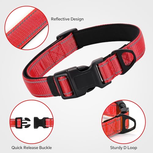 Reflective Dog Collar with Quick Release Buckle - Metal Ring - Adjustable Soft Neoprene Padded Basic Dog Collar for Small Medium Large Dogs (Red, Small :Width 1",Neck 11.8-15.7") - color: Red, size: Small