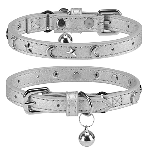 Leather Cat Collars for Boy Girl Cats with Bell and Safety Elastic Belt, Personalized Star and Moon Stud Adjustable Safe Buckle Collar for Kitty Small Big Cats Size 8-12 Inch, Silver Grey - color: Silver Grey_Star & Moon, size: 8"-12" Cats / Mini Dogs(Pac