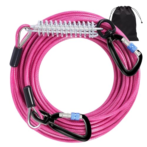 Dog Tie Out Cable 30FT-1000LBS Break Strength,Heavy Duty Dog Leads for Yard with Shock Absorbing Spring & Swivel Hook,Long Leash Cable for Outdoor Tethering,Dog Line for Small Large Dogs - color: Rose, size: 30FT