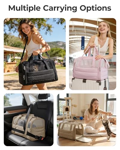 BAGSMART Cat Carrier: Soft-Sided Pet Carrier for Small Medium Cats Dogs Puppy Quilted Collapsible Puffy Travel Bag Up to 25 Lbs Pink - color: Baby Pink, size: 19.3"L x 13.0"W x 13.0"H