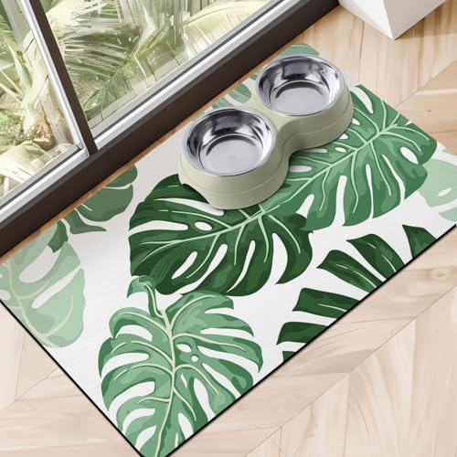 Dog Food Mats for Floors, Absorbent Dog Bowl Mat for Food and Water Dispenser Mat, Quick Dry Cat Food Mat Pet Supplies - color: Leaves, size: S(12"×20")