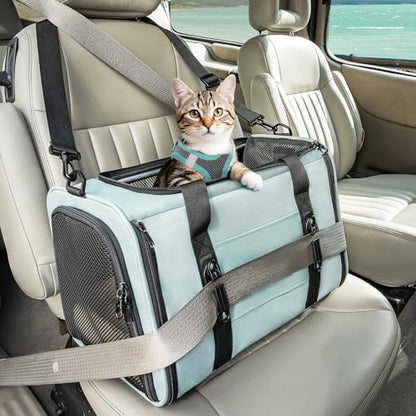 PETSFIT Soft-Sided Cat Carrier with Patented Safety Buckles, Lockable Zippers & Safety Tether,Escape-Resistant Travel Pet Carrier for Car Rides & Vet Visits, Airline Approved Under-Seat, Up to 12 lbs - color: Cyan blue, size: Medium