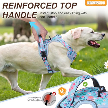 BEAUTYZOO No Pull Dog Harness Small, Adjustable Dog Harness and Leash Set -Easy Wearing with 3 Buckles/Control Handle,No Choke Soft Padded Reflective Pet Vest for Training Walking Hiking,Blue S - color: Blue Flower, size: S: chest 14"-24"