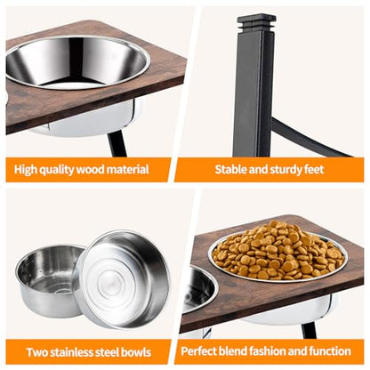Elevated Dog Bowls for Medium and Large Dogs Wood Raised Bowl Stand with Two 1700ML (58oz) Stainless Steel Dog Food and Water Bowls,Non-Slip - color: Black&brown-Medium&Large