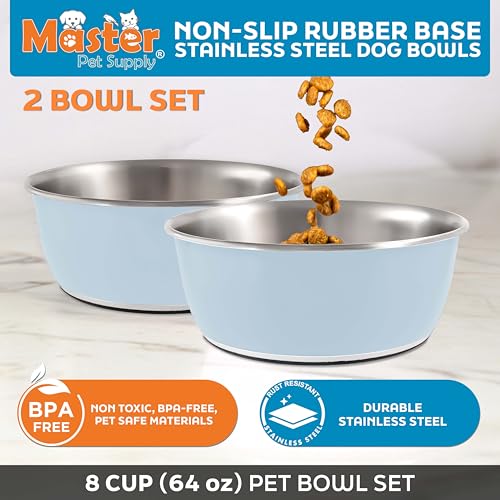 Master Pet Supply Stainless Steel Dog Bowls Set of 2 (64 Oz Each) with Non-Slip Rubber Base - Glacier Blue - Basic Dog Food Bowl Water & Food Bowls for Small Medium Large Dogs & Cats, Metal Dish - color: Glacier Blue, size: 8 Cups (64 oz) 2 Pack
