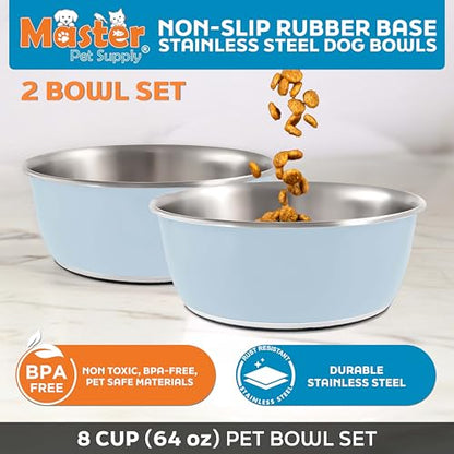 Master Pet Supply Stainless Steel Dog Bowls Set of 2 (64 Oz Each) with Non-Slip Rubber Base - Glacier Blue - Basic Dog Food Bowl Water & Food Bowls for Small Medium Large Dogs & Cats, Metal Dish - color: Glacier Blue, size: 8 Cups (64 oz) 2 Pack