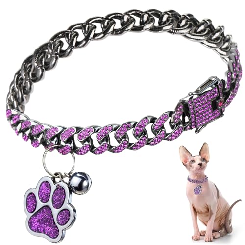 Hillban Cat Collar Diamond Chain Glitter Collar Walking Metal with Secure Buckle Cat Pet Necklace with Paw Charm and ID Tag Bell Link Cuban Jewelry Accessories Gift(8 Inch,Steel Black, Purple) - color: Steel Black, Purple, size: 8 Inch