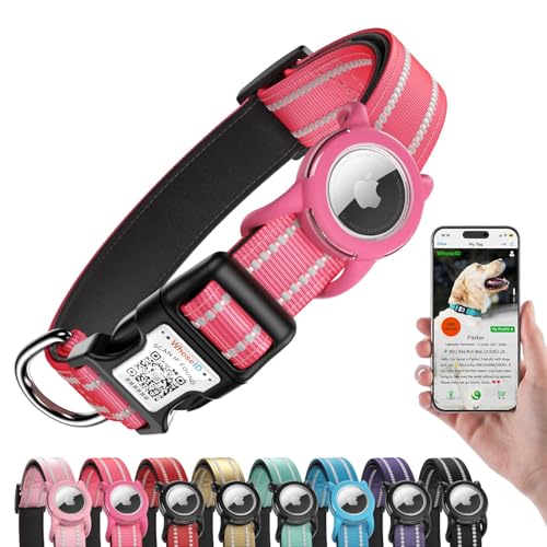 Reflective Dog Collar with AirTag Holder, Waterproof Dog Collar with QR Code, Heavy Duty Adjustable Pet Collar for Small Medium Large Dogs, Rose - color: Rose, size: XS