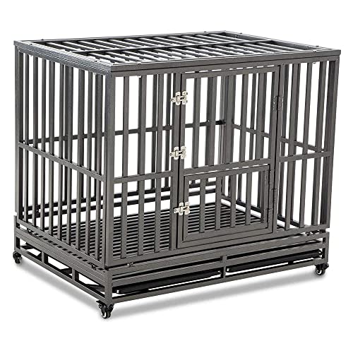 LUCKUP Heavy Duty Dog Cage Metal Kennel and Crate for Medium and Large Dogs, Pet Playpen with Four Wheels,Easy to Install,42 inch,Black - size: 42 inches
