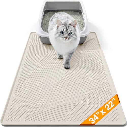 Cat Litter Box Mat - L Large Size 34 x 22 in, Water Proof, Kitty Litter Trapping Mat, Easy to Clean, Scatter Control, Odorless, Pet Supplies for Indoor Cats, Warm Beige - color: Warm Beige, size: 34"L x 22"W