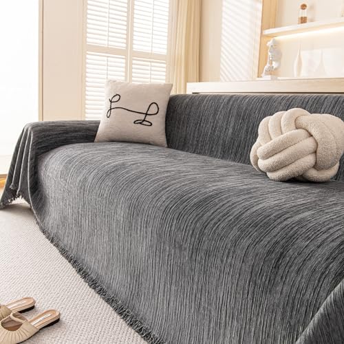 Couch Covers Sofa Cover for 3 Cushion Washable, Loveseat Slipcovers for Dogs, Pet L Shape Sectional Sofa Protector, Boho Couch Cover Blanket, Vertical Slub Chenille, Grey, 71"x134" - color: Grey, size: 71" ×134