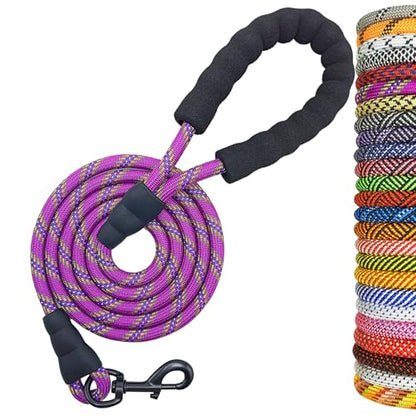 Heavy Duty Rope Dog Leash, 6/8/10/15/20 FT Long Nylon Pet Leash, Soft Padded Handle Thick Lead Leashes for Large Medium Dogs Walking Recall Training (6ft * 1/2", Purple) - color: purple, size: 1/2" * 6'