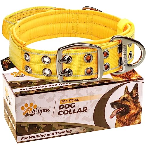 ADITYNA Heavy Duty Dog Collar for Medium Dogs - Reflective Yellow Collar with Handle for Training, and Walking - Wide, Thick, Tactical, Soft Neoprene Padded - color: Yellow, size: Medium: Fit 15-19" Neck