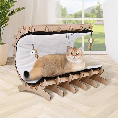Jerry & Maggie Cat Hammock Bed for Cat Lounger, Wood Cat Beds for Indoor Cats, Cute Kitty House Furniture Toy with Soft Cozy Washable Removable Seat for Sleeping Playing and Lounging, C Shape - color: Cat hommock