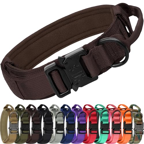 Joytale Tactical Dog Collar with Handle and Metal Buckle, Heavy Duty Padded Military Collar with 2 Patches for Training, Adjustable for Medium Dogs, Brown, M - color: Brown, size: M