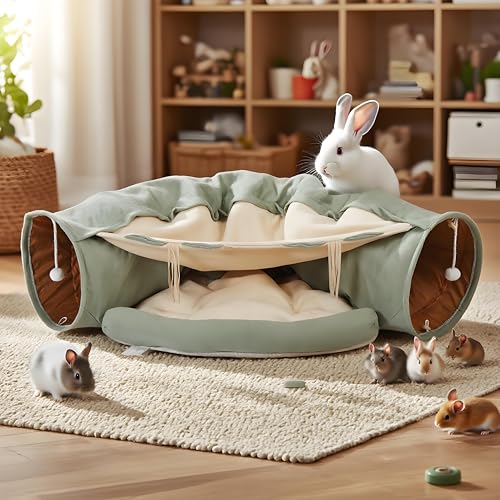 VelvetPaw 2-in-1 Foldable Matcha Bunny Tunnel & Pet Cushion Bed | Collapsible Hideout Toy with Removable Washable Soft Pad | Ideal for Rabbits, Bunnies & Kittens - Indoor Rest, Exercise & Play - color: Matcha