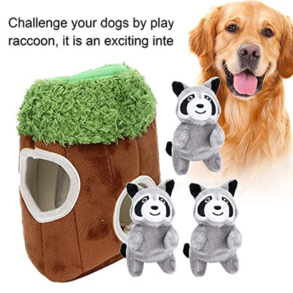 Raccoon in Tree Hide and Seek Dog Toy, Hide a Raccoon Plush Dog Toy Puzzle with Squeaker for Small and Medium Size Dogs