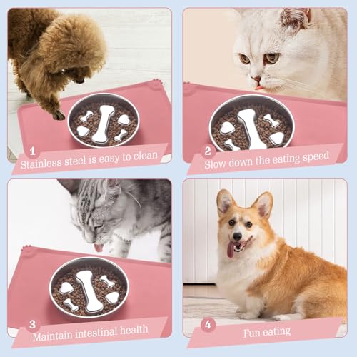 Stainless Steel Slow Feeder Dog Bowls – Non-Slip Metal Dog Bowl for Large & Medium Breeds, Puppy Puzzle Feeder – 2 Cup Capacity for Small to Big Pets – Durable Slow Feed Dog & Cat Food Dish with Mat - color: Bone&Heart With Mat-Pink