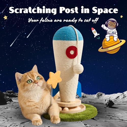Cat Scratching Post, Rocket Cute Sisal Cat Scratcher with Durable Solid Wood Turntable Toy, Cat Scratch Post Red Cat Scratcher with Spinning Star Toy for Indoor Adult Cats - color: Blue Rocket