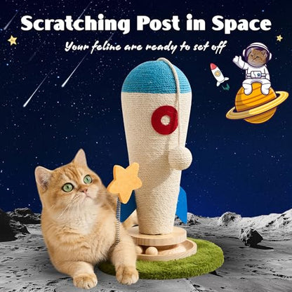 Cat Scratching Post, Rocket Cute Sisal Cat Scratcher with Durable Solid Wood Turntable Toy, Cat Scratch Post Red Cat Scratcher with Spinning Star Toy for Indoor Adult Cats - color: Blue Rocket