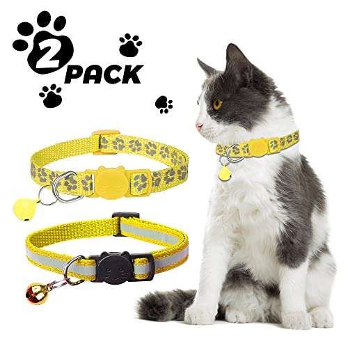 2 Pack Reflective Cat Collar Breakaway with Bell,Personalized Kitten Collars,Adjustable Safety Buckle Collar for Male Cats Girls & Boys (Yellow) - color: Yellow
