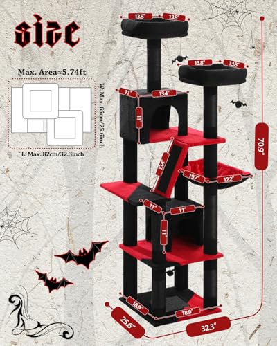 MUTTROS Gothic Cat Tree for Large Cats, 70.9" Tall Black Cat Tower with Coffin Bed, Cat Condo, Sisal Scratching Posts & Top Perch, Spider Hanging Ball, Multi-Level Spooky Cat Tree, Halloween, Black - color: Gothic Black, size: 70.9inch
