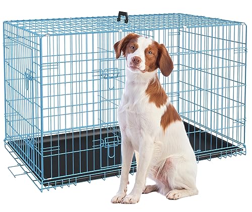 42 Inch Extra Large Dog Crate, Heavy Duty Dog Crates for Large Dogs, Metal Wire Folding Dog Cage with Removable Trays, Locks, Double-Door, Divider Panel, Handle, XL Dog Crate Pet Crate (42 in, Blue) - color: Blue, size: 42.0"L x 28.0"W x 31.0"H